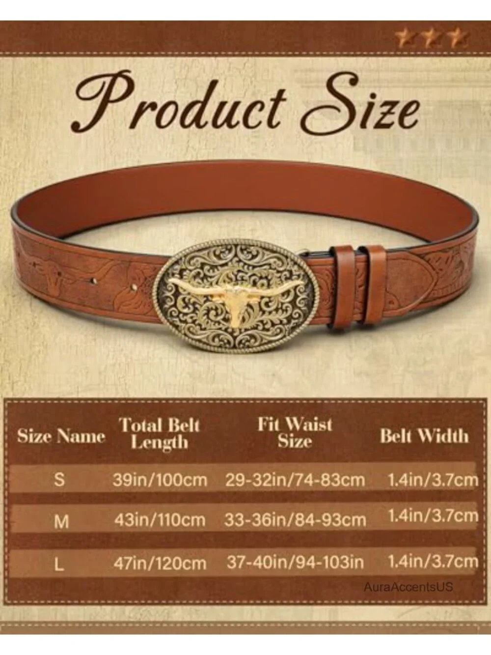 Western Cowgirl Belt with Bull Buckle Faux Leather Embossed